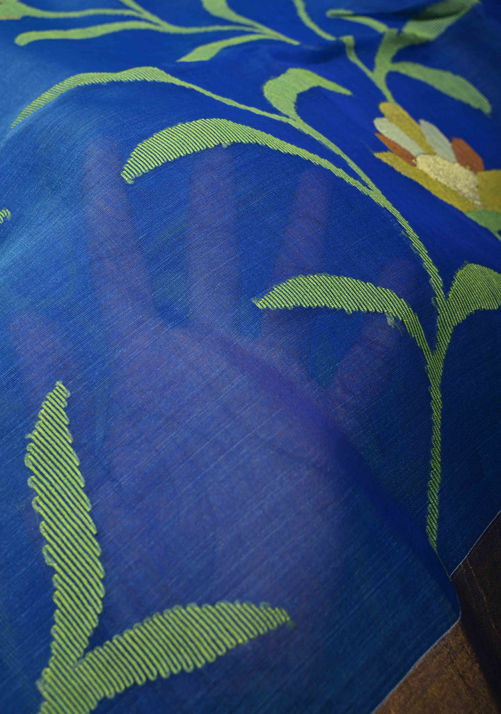 Sapphire Blue Meenakari Design on Muslin Silk Saree with Resham Jamdani Weaving and Zari Border-Pallu | SILK MARK CERTIFIED