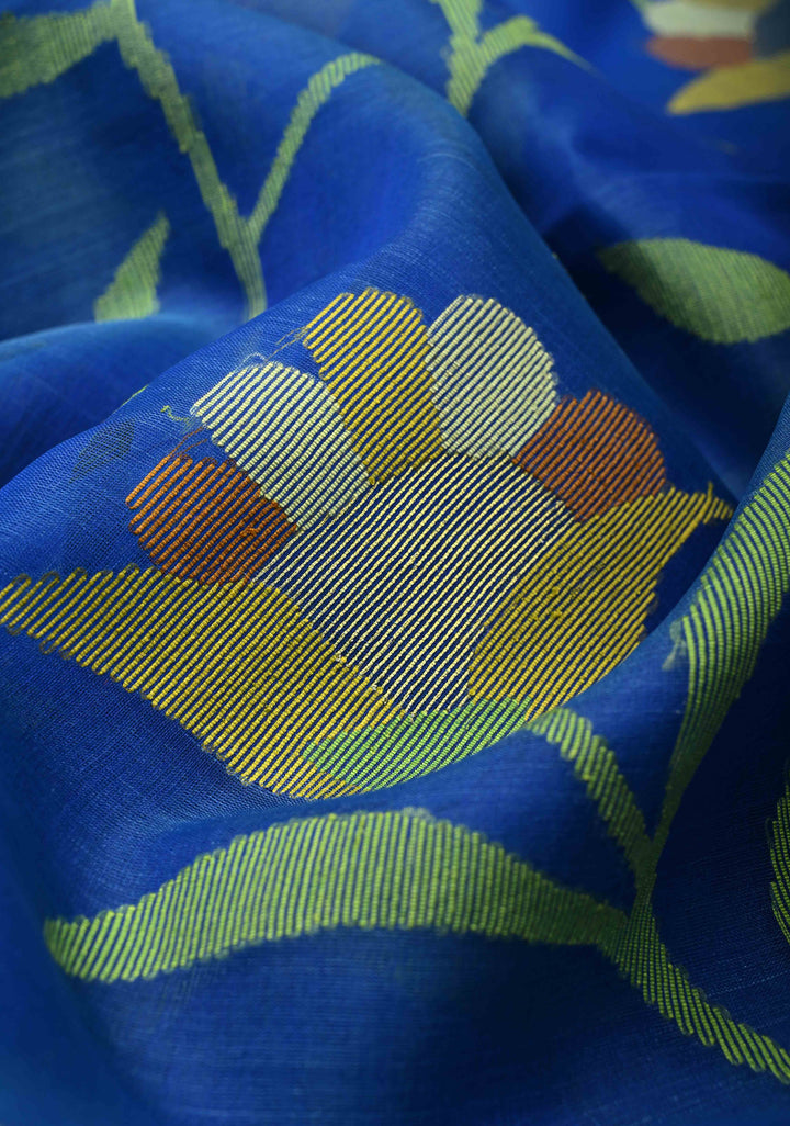 Sapphire Blue Meenakari Design on Muslin Silk Saree with Resham Jamdani Weaving and Zari Border-Pallu | SILK MARK CERTIFIED