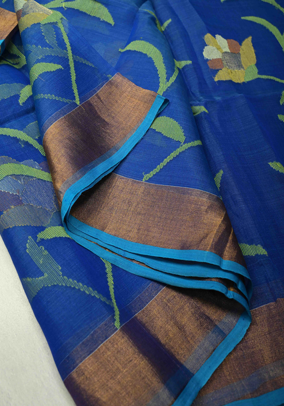 Sapphire Blue Meenakari Design on Muslin Silk Saree with Resham Jamdani Weaving and Zari Border-Pallu | SILK MARK CERTIFIED