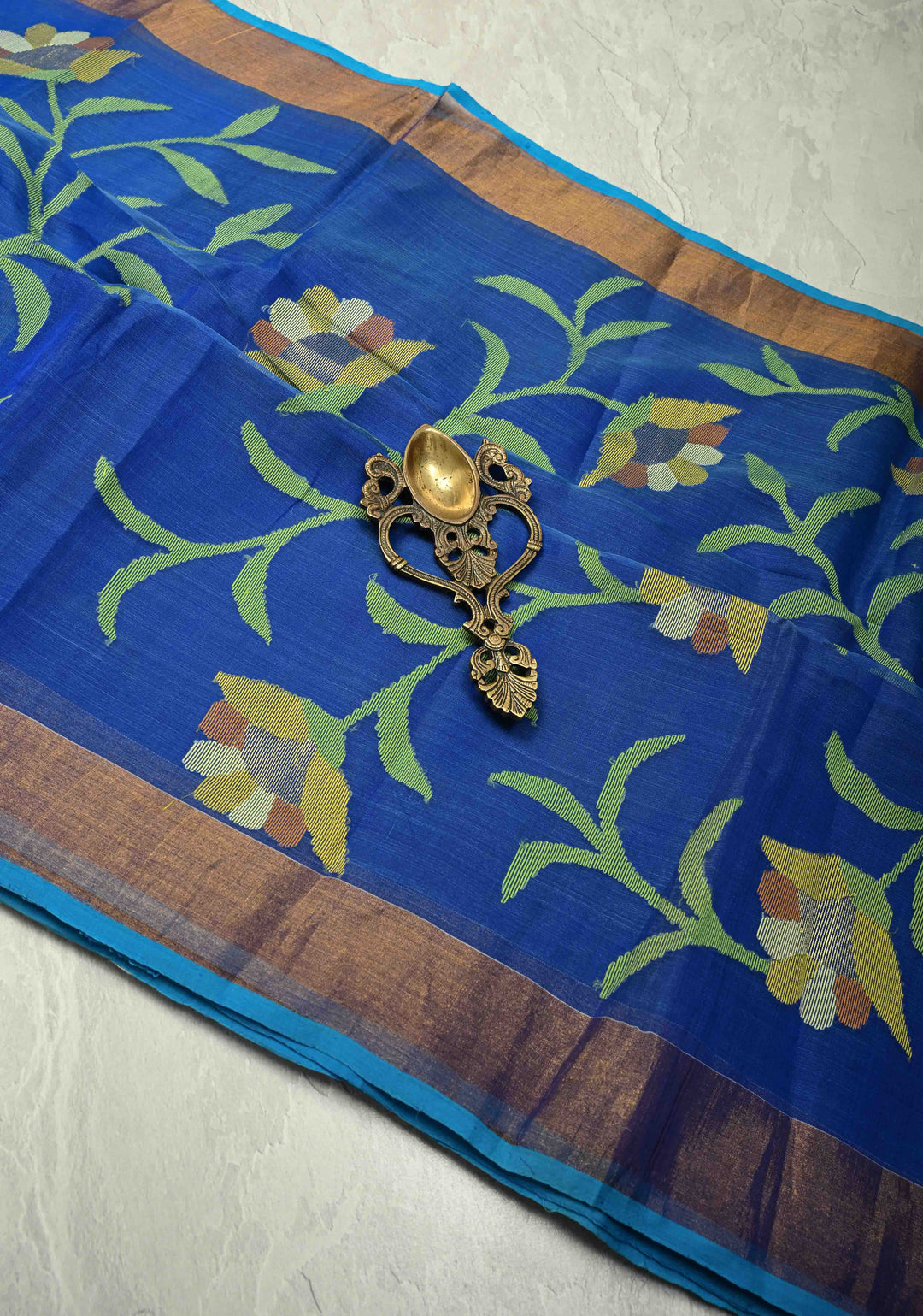 Sapphire Blue Meenakari Design on Muslin Silk Saree with Resham Jamdani Weaving and Zari Border-Pallu | SILK MARK CERTIFIED