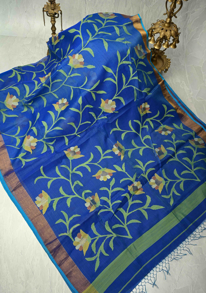 Sapphire Blue Meenakari Design on Muslin Silk Saree with Resham Jamdani Weaving and Zari Border-Pallu | SILK MARK CERTIFIED
