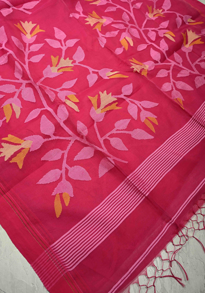 Rani Pink Meenakari Design on  Muslin Silk Saree with Resham Jamdani Weaving  | SILK MARK CERTIFIED