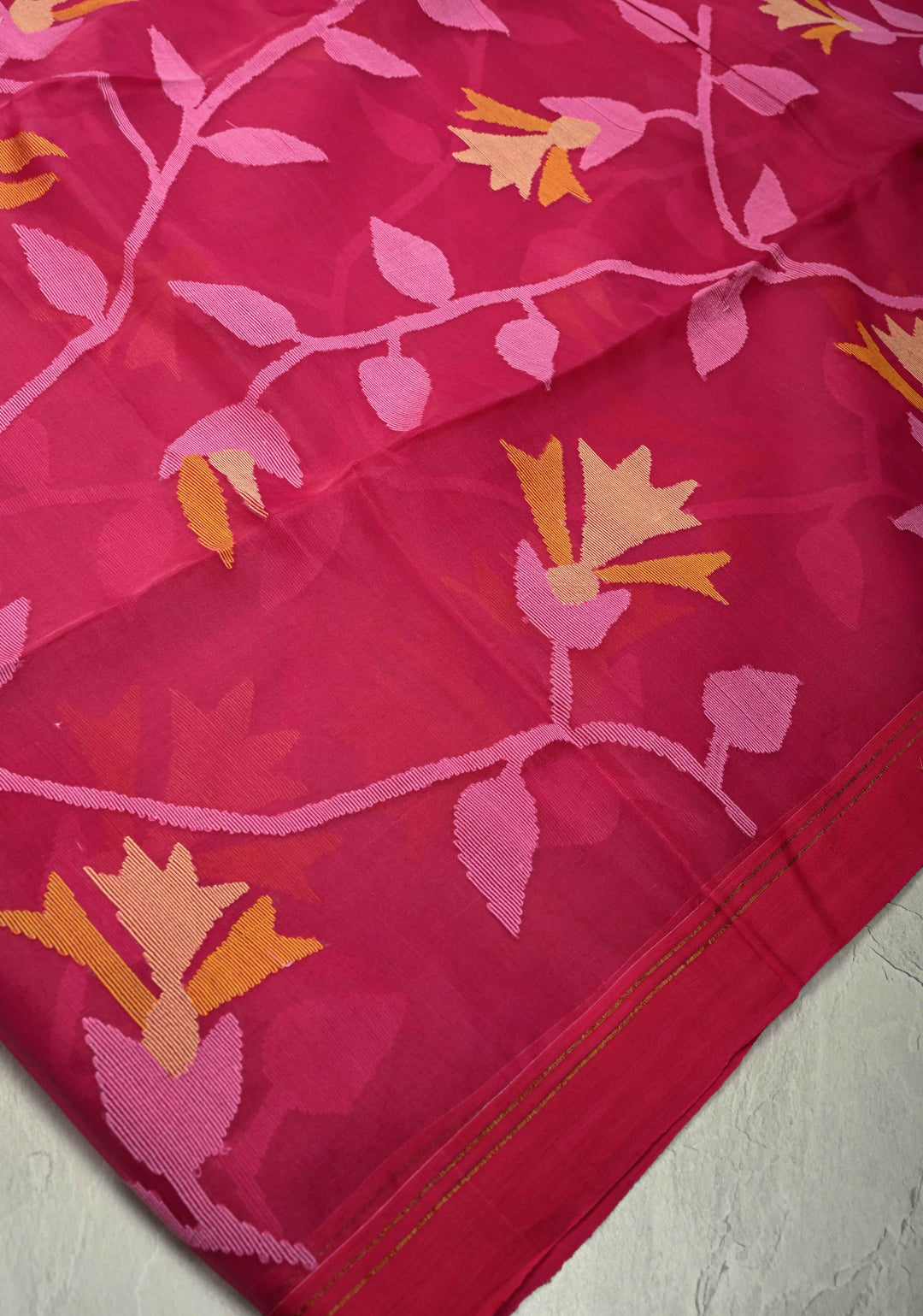 Rani Pink Meenakari Design on  Muslin Silk Saree with Resham Jamdani Weaving  | SILK MARK CERTIFIED
