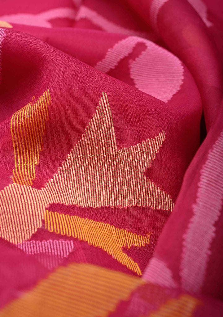 Rani Pink Meenakari Design on  Muslin Silk Saree with Resham Jamdani Weaving  | SILK MARK CERTIFIED