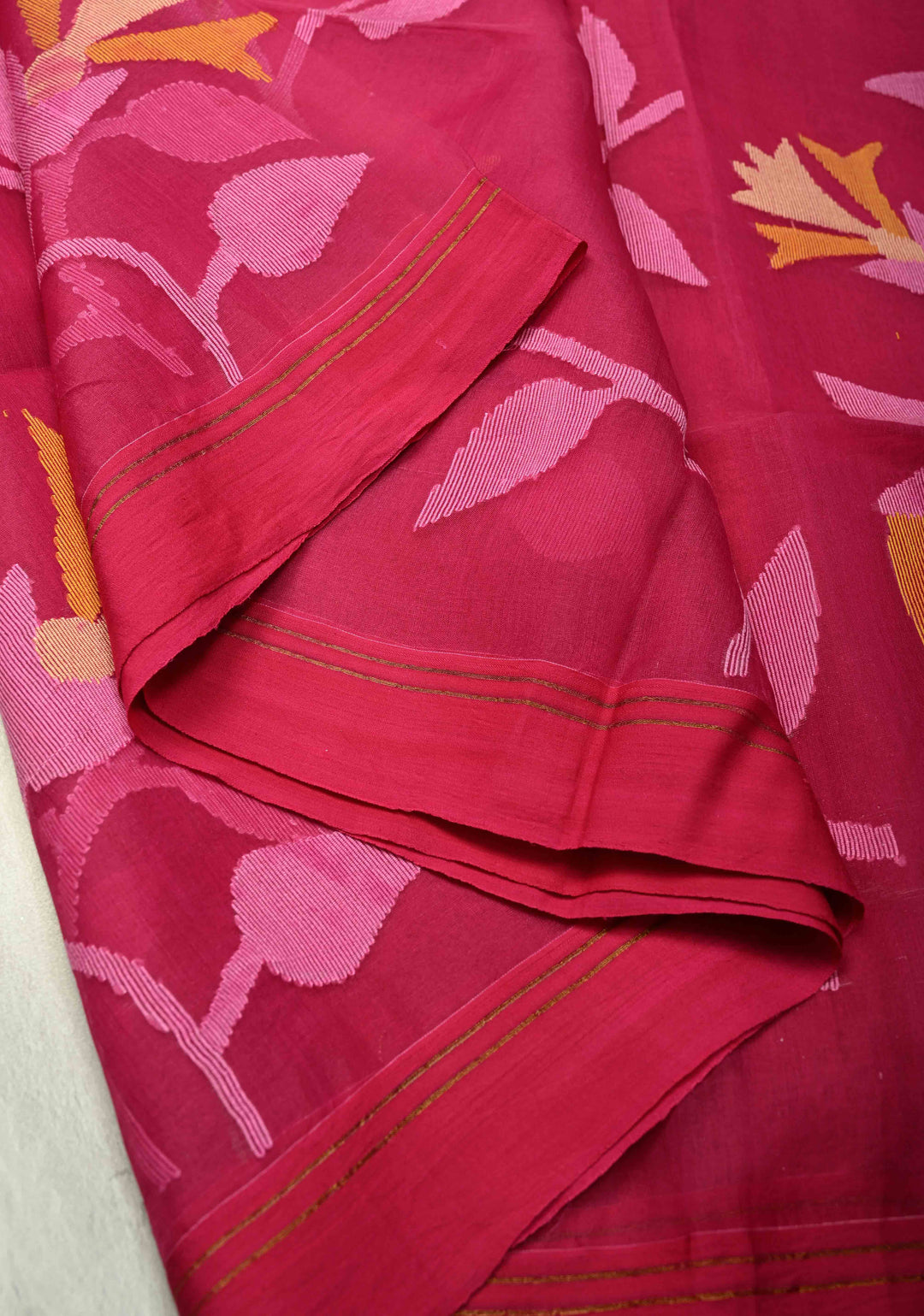 Rani Pink Meenakari Design on  Muslin Silk Saree with Resham Jamdani Weaving  | SILK MARK CERTIFIED