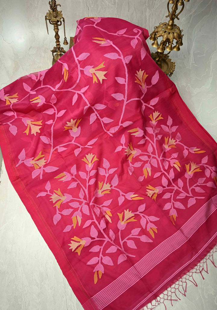 Rani Pink Meenakari Design on  Muslin Silk Saree with Resham Jamdani Weaving  | SILK MARK CERTIFIED