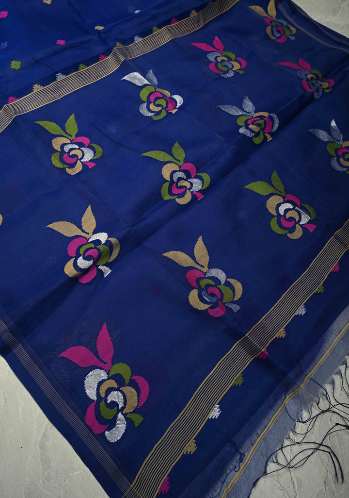 Royal Blue Meenakari Design on Silk Muslin Saree with Resham Jamdani Weaving  | SILK MARK CERTIFIED