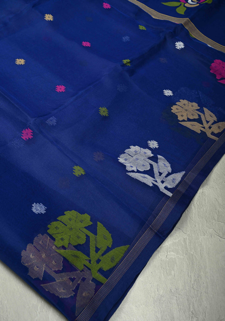 Royal Blue Meenakari Design on Silk Muslin Saree with Resham Jamdani Weaving  | SILK MARK CERTIFIED
