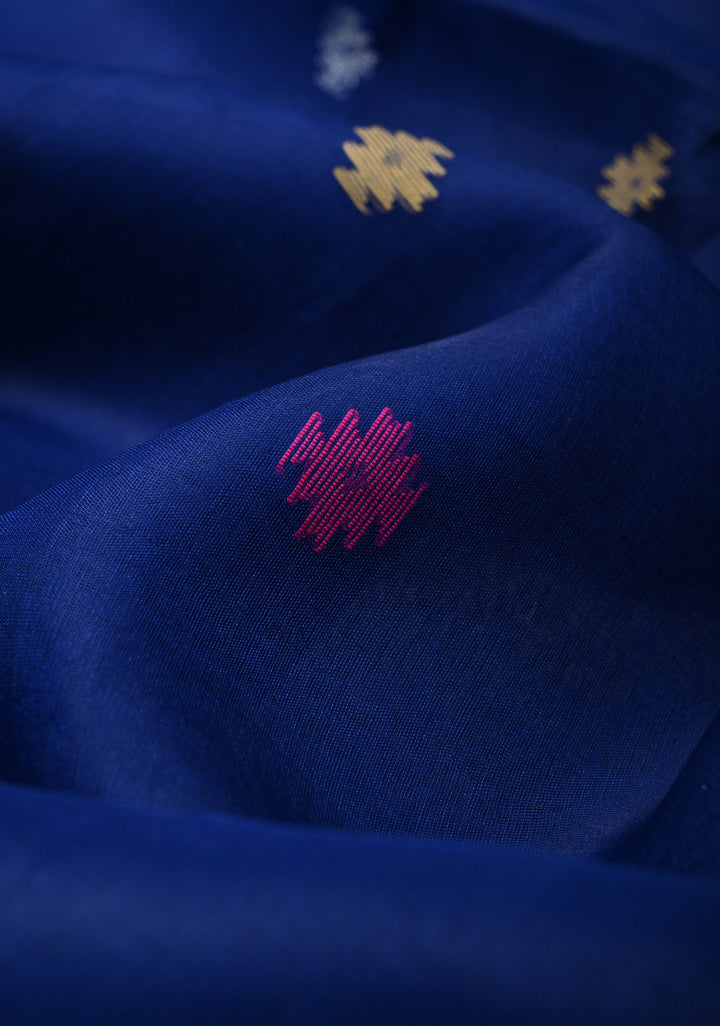 Royal Blue Meenakari Design on Silk Muslin Saree with Resham Jamdani Weaving  | SILK MARK CERTIFIED