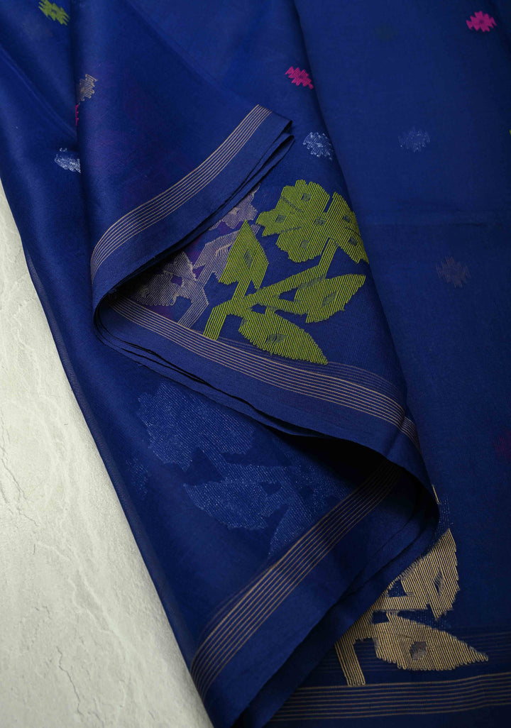 Royal Blue Meenakari Design on Silk Muslin Saree with Resham Jamdani Weaving  | SILK MARK CERTIFIED