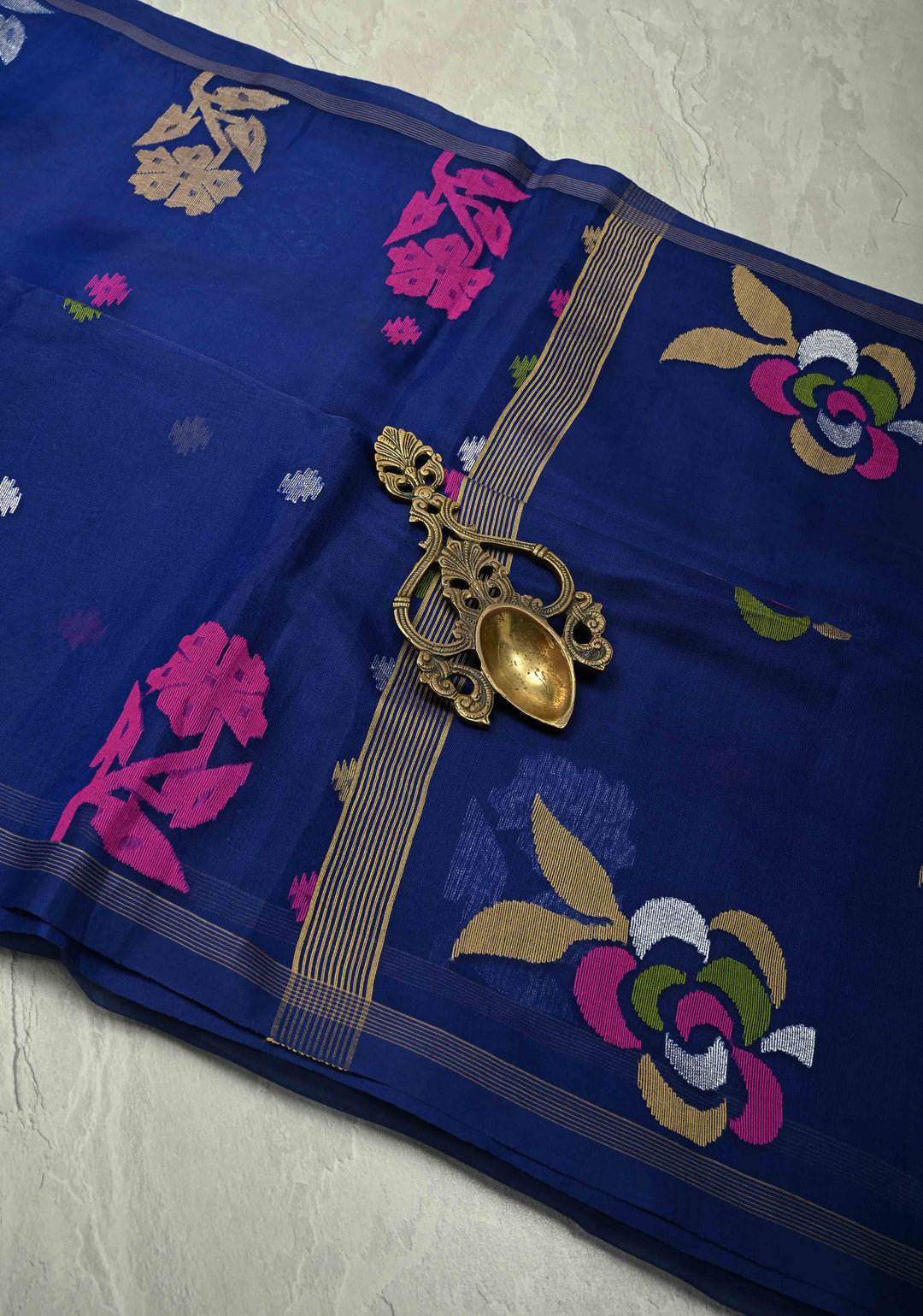 Royal Blue Meenakari Design on Silk Muslin Saree with Resham Jamdani Weaving  | SILK MARK CERTIFIED