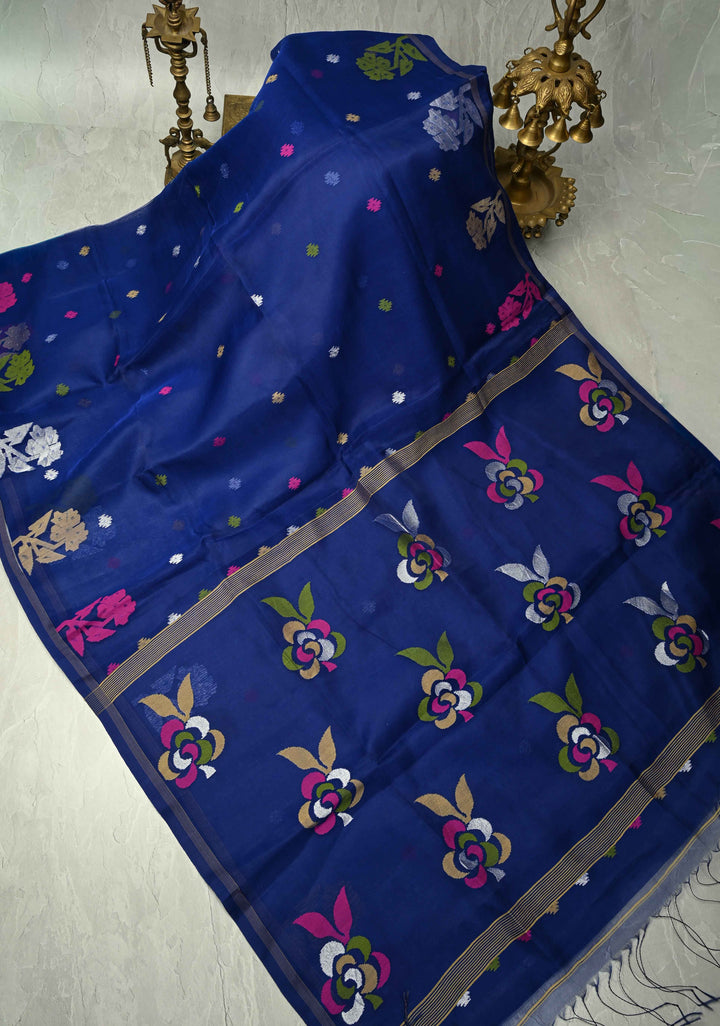 Royal Blue Meenakari Design on Silk Muslin Saree with Resham Jamdani Weaving  | SILK MARK CERTIFIED