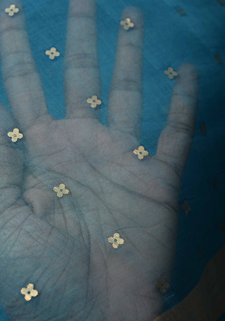 Dark Sky Matka Muslin Silk Saree with Pocket Sequins and Minimal Zari Border | SILK MARK CERTIFIED