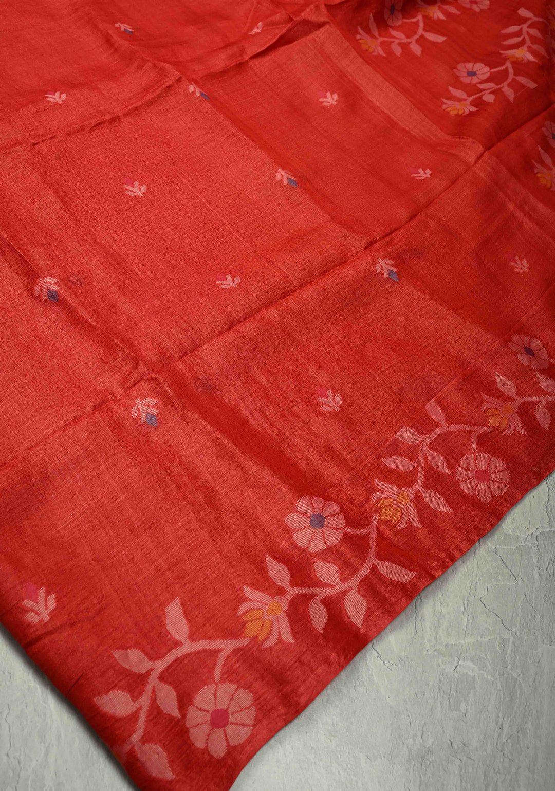 Red Meenakari Detailing on Tussar Silk Saree with Resham Buttas  | SILK MARK CERTIFIED