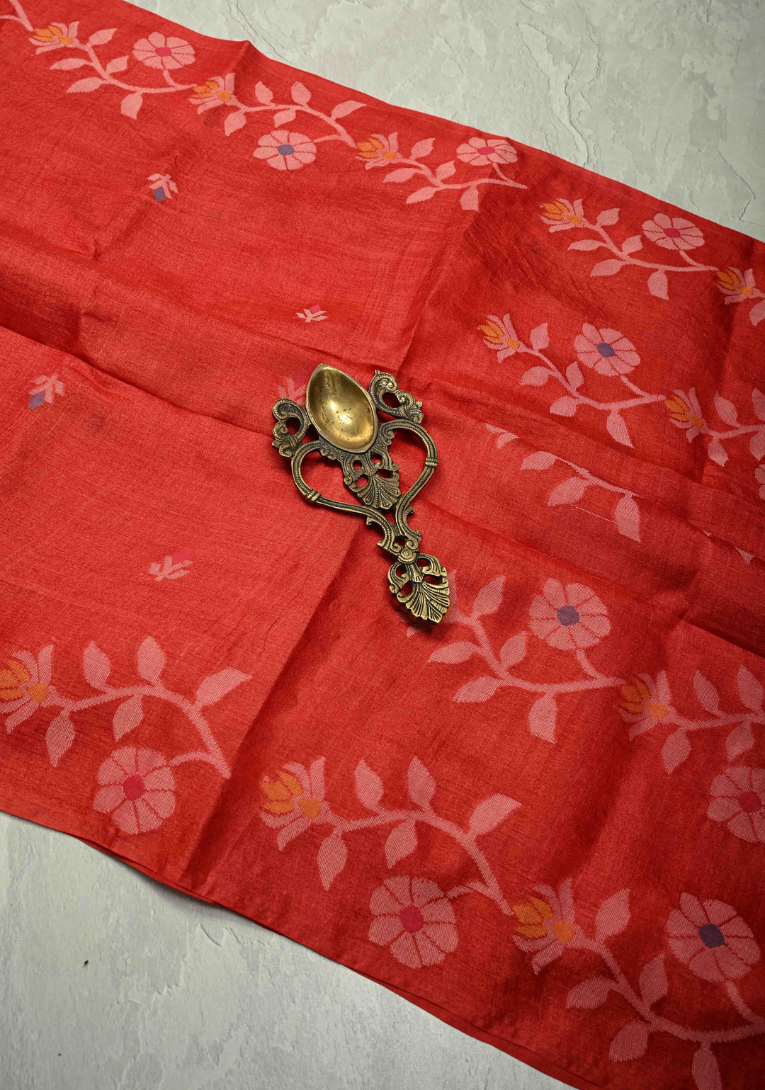 Red Meenakari Detailing on Tussar Silk Saree with Resham Buttas  | SILK MARK CERTIFIED
