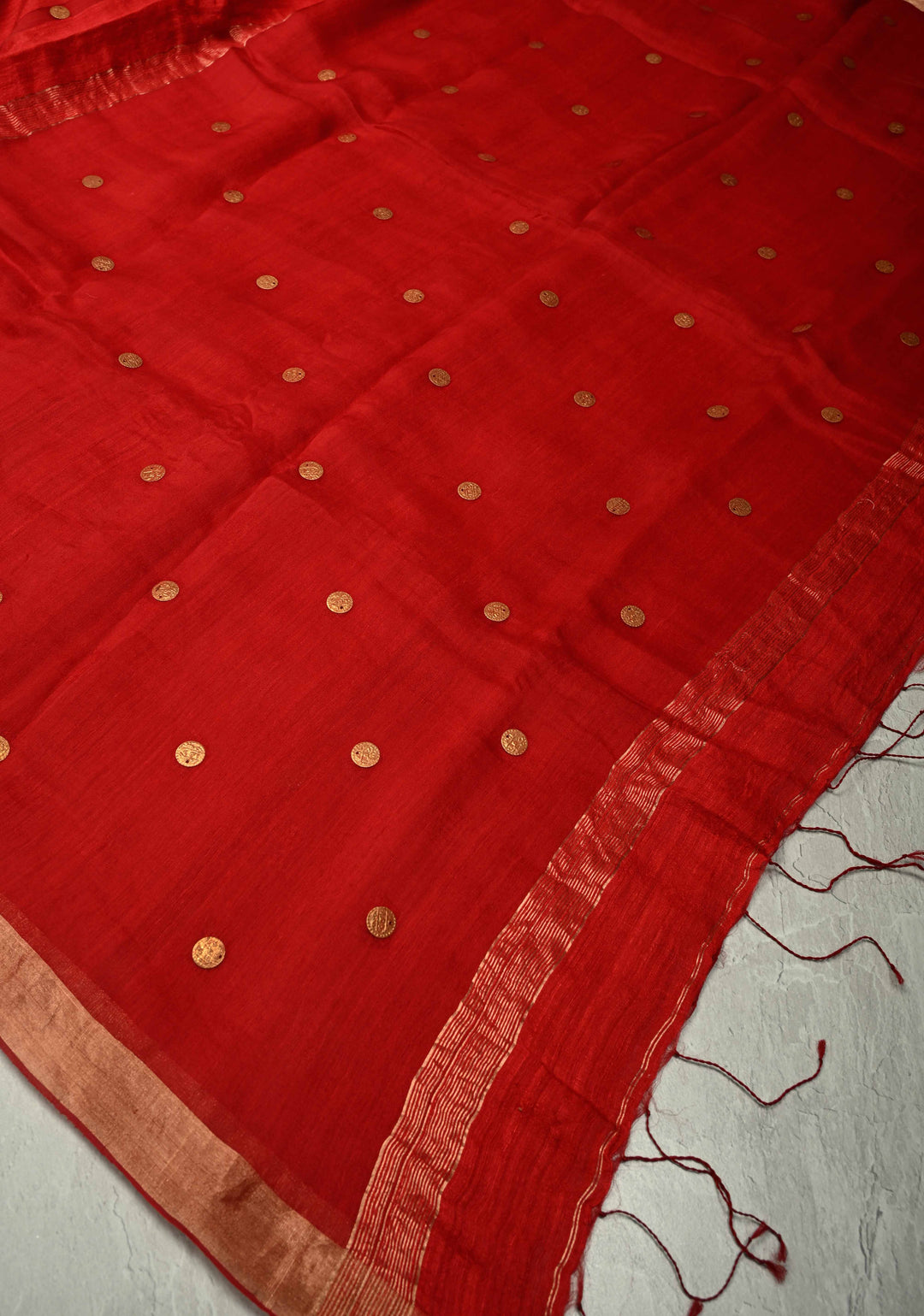 Bright Red Matka Muslin Silk with Coin Interweave on the Muslin Stripes of the Saree and Minimal Zari Border | SILK MARK CERTIFIED