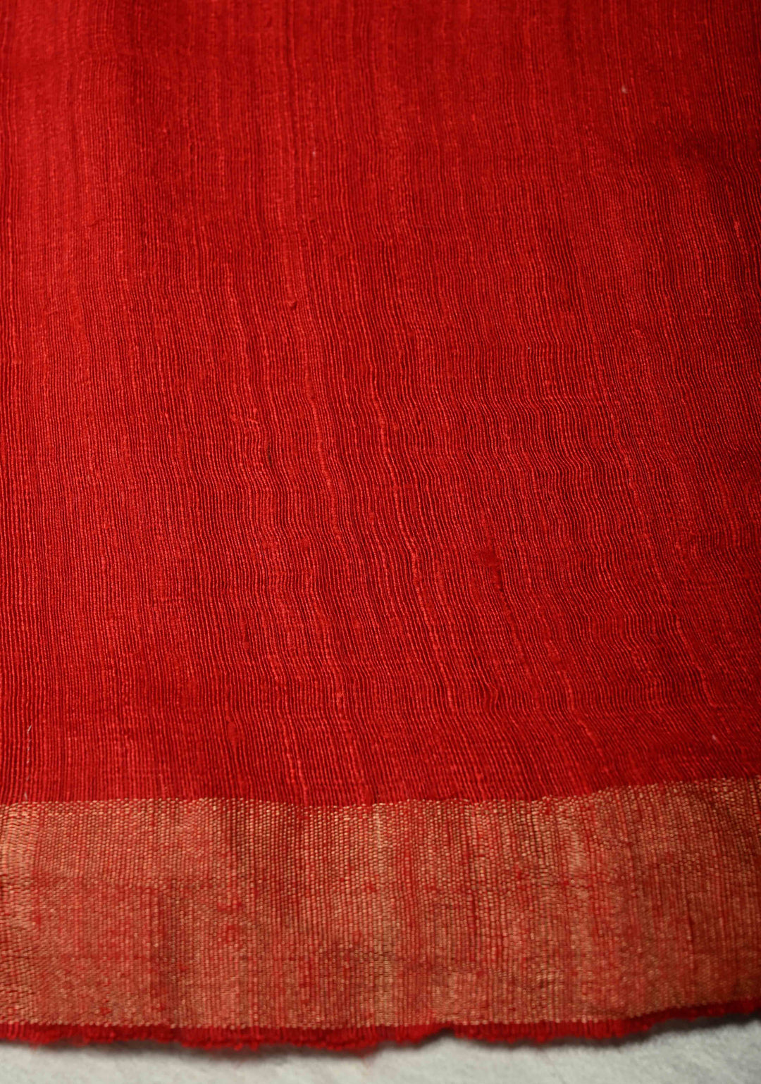 Bright Red Matka Muslin Silk with Coin Interweave on the Muslin Stripes of the Saree and Minimal Zari Border | SILK MARK CERTIFIED