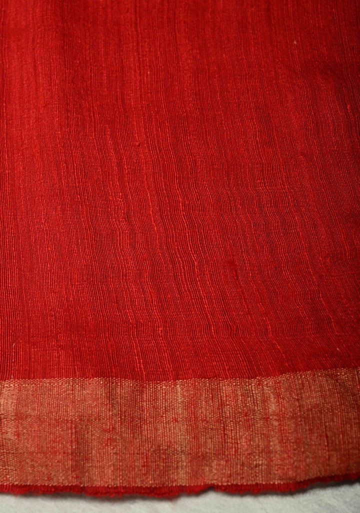 Bright Red Matka Muslin Silk with Coin Interweave on the Muslin Stripes of the Saree and Minimal Zari Border | SILK MARK CERTIFIED