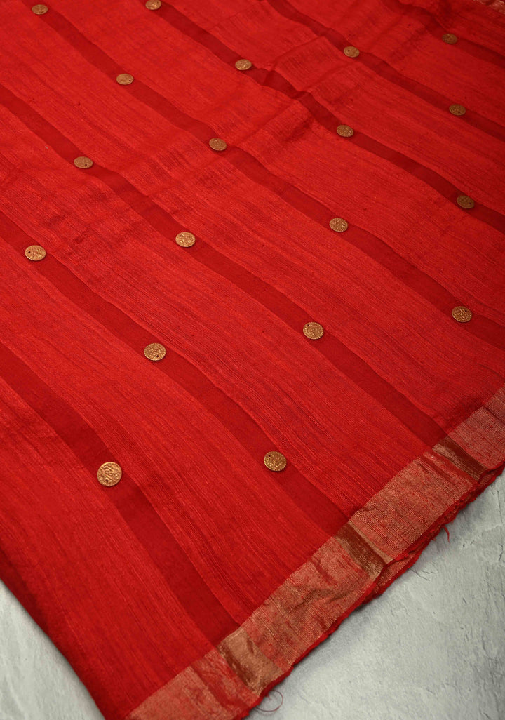 Bright Red Matka Muslin Silk with Coin Interweave on the Muslin Stripes of the Saree and Minimal Zari Border | SILK MARK CERTIFIED