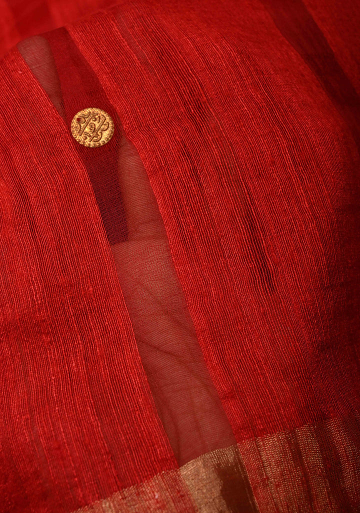 Bright Red Matka Muslin Silk with Coin Interweave on the Muslin Stripes of the Saree and Minimal Zari Border | SILK MARK CERTIFIED