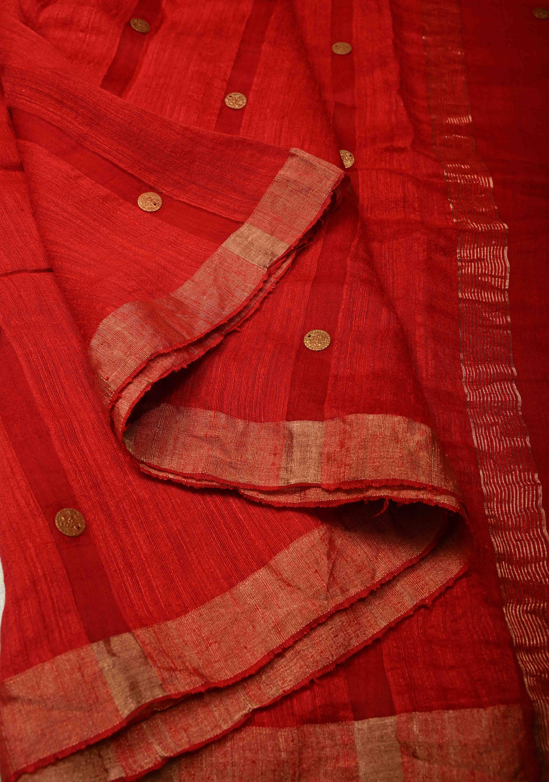 Bright Red Matka Muslin Silk with Coin Interweave on the Muslin Stripes of the Saree and Minimal Zari Border | SILK MARK CERTIFIED