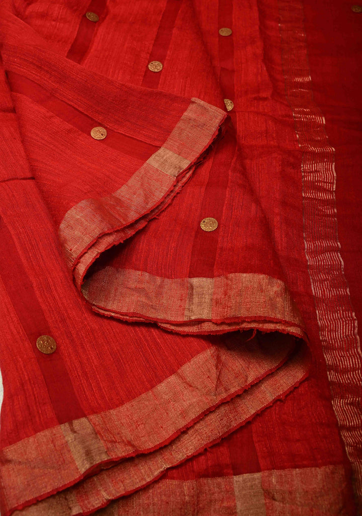Bright Red Matka Muslin Silk with Coin Interweave on the Muslin Stripes of the Saree and Minimal Zari Border | SILK MARK CERTIFIED