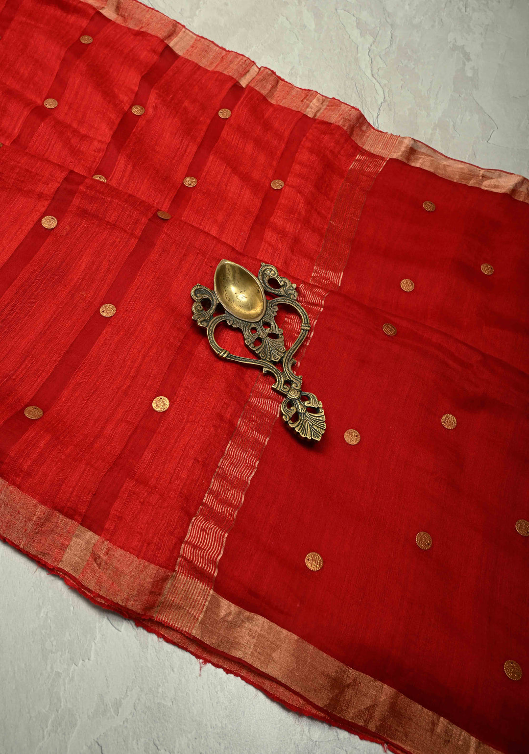 Bright Red Matka Muslin Silk with Coin Interweave on the Muslin Stripes of the Saree and Minimal Zari Border | SILK MARK CERTIFIED