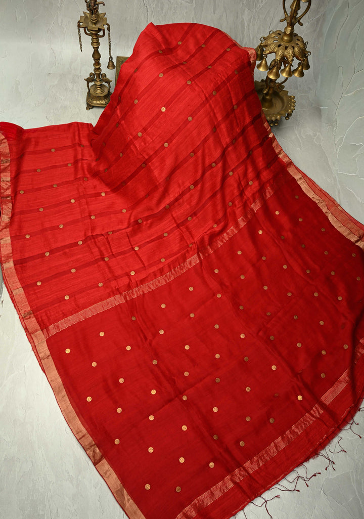 Bright Red Matka Muslin Silk with Coin Interweave on the Muslin Stripes of the Saree and Minimal Zari Border | SILK MARK CERTIFIED