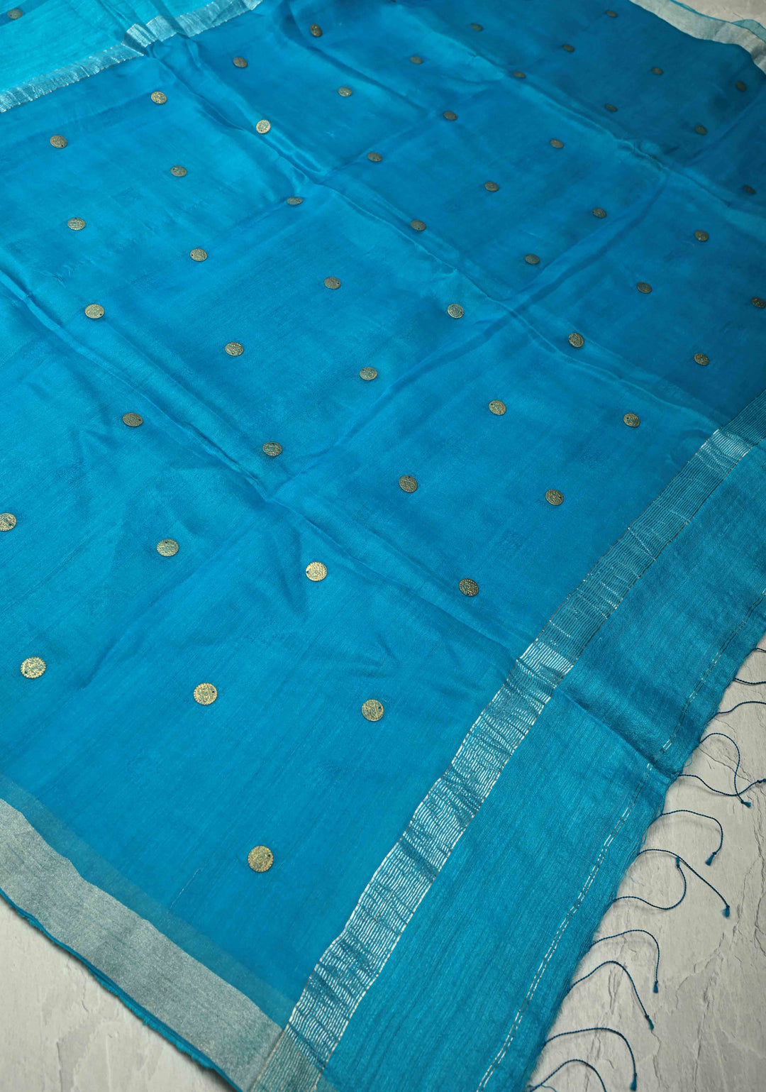 Turquoise Matka Muslin Silk with Coin Interweave  | SILK MARK CERTIFIED