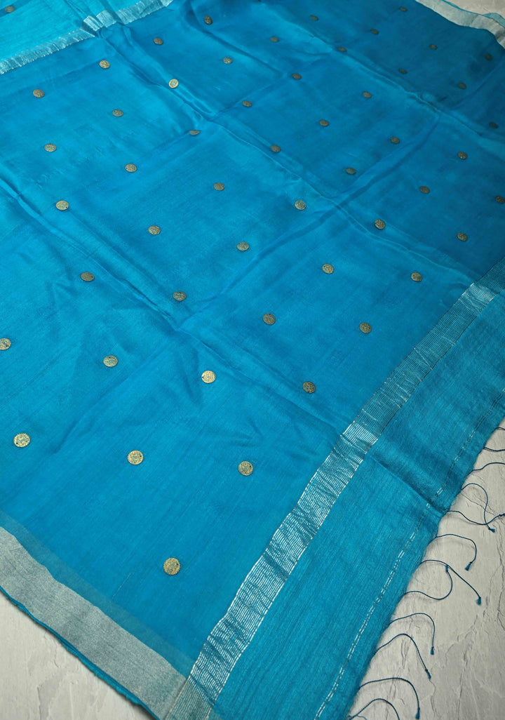 Turquoise Matka Muslin Silk with Coin Interweave  | SILK MARK CERTIFIED