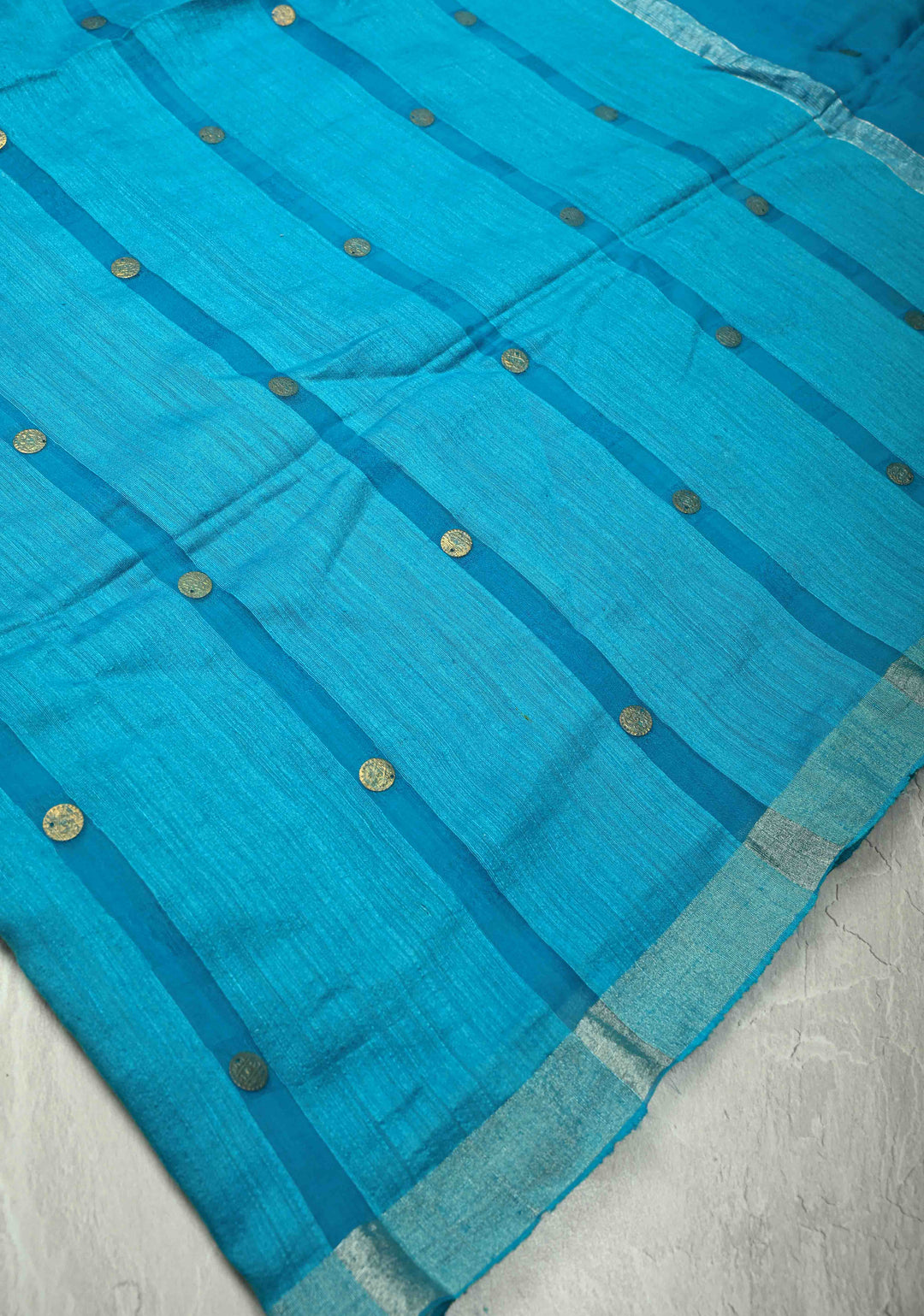 Turquoise Matka Muslin Silk with Coin Interweave  | SILK MARK CERTIFIED