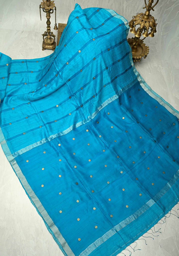 Turquoise Matka Muslin Silk with Coin Interweave  | SILK MARK CERTIFIED