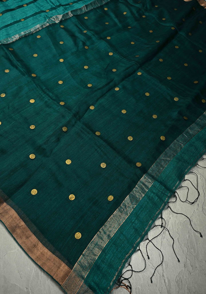 Peacock Blue Matka Muslin Silk with Coin Interweave  | SILK MARK CERTIFIED