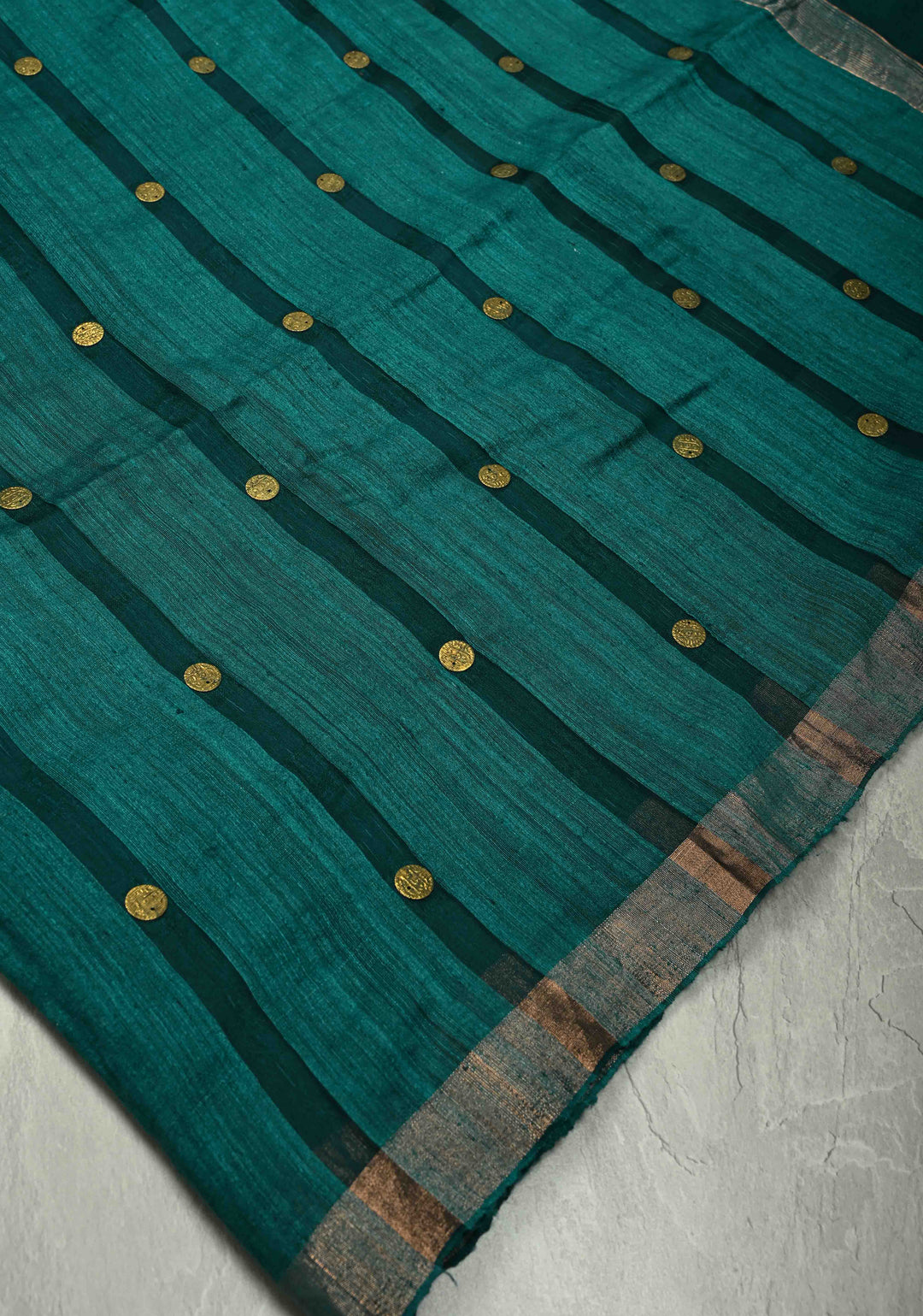 Peacock Blue Matka Muslin Silk with Coin Interweave  | SILK MARK CERTIFIED