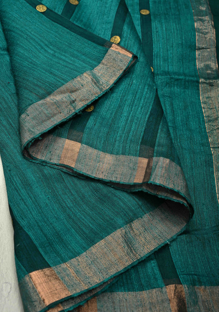 Peacock Blue Matka Muslin Silk with Coin Interweave  | SILK MARK CERTIFIED