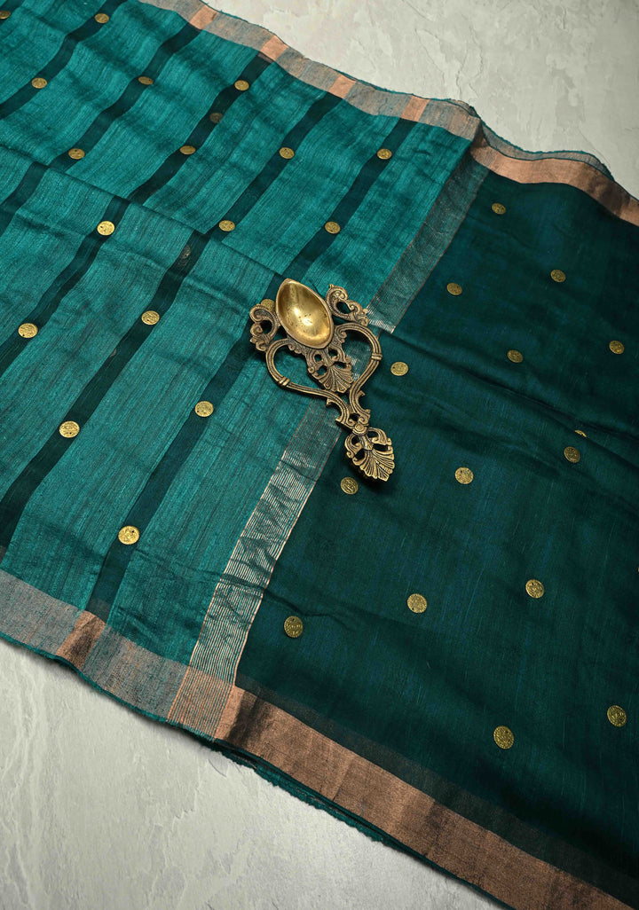 Peacock Blue Matka Muslin Silk with Coin Interweave  | SILK MARK CERTIFIED