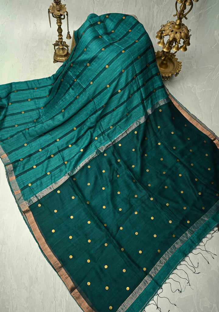 Peacock Blue Matka Muslin Silk with Coin Interweave  | SILK MARK CERTIFIED