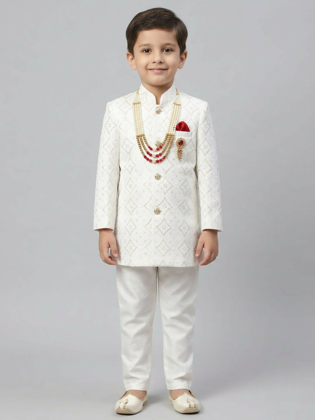 Boys Embroidered White Indo Western Sherwani Set and Trouser with Pocket | SHOBITAM