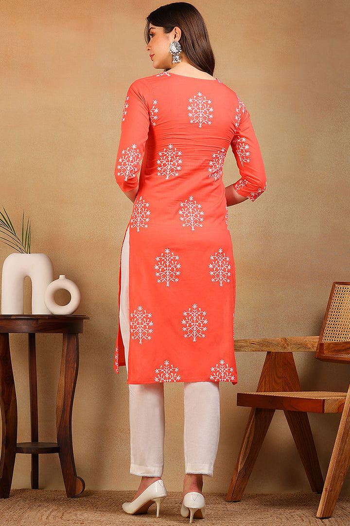 Festive Wear Cotton Fabric Peach Color Printed Kurti | SHOBITAM