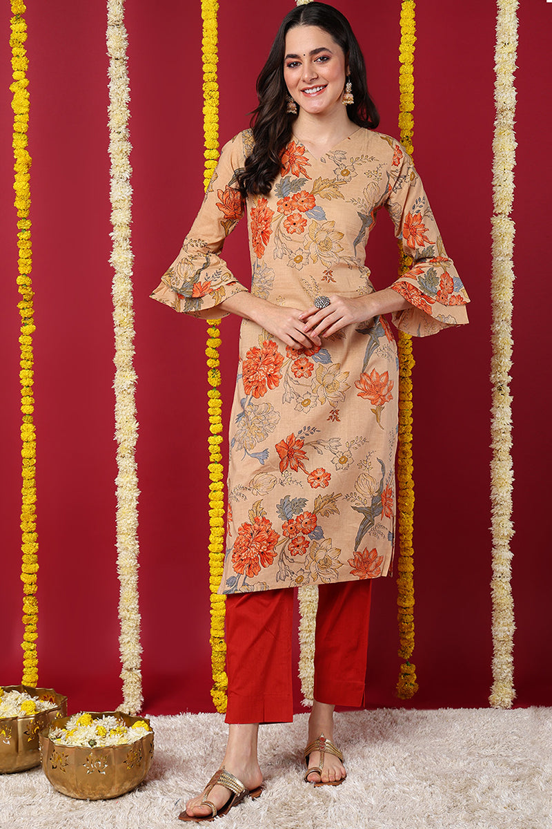 Chikoo Brown Occasion Wear Cotton Fabric Printed Stylish Kurti | SHOBITAM