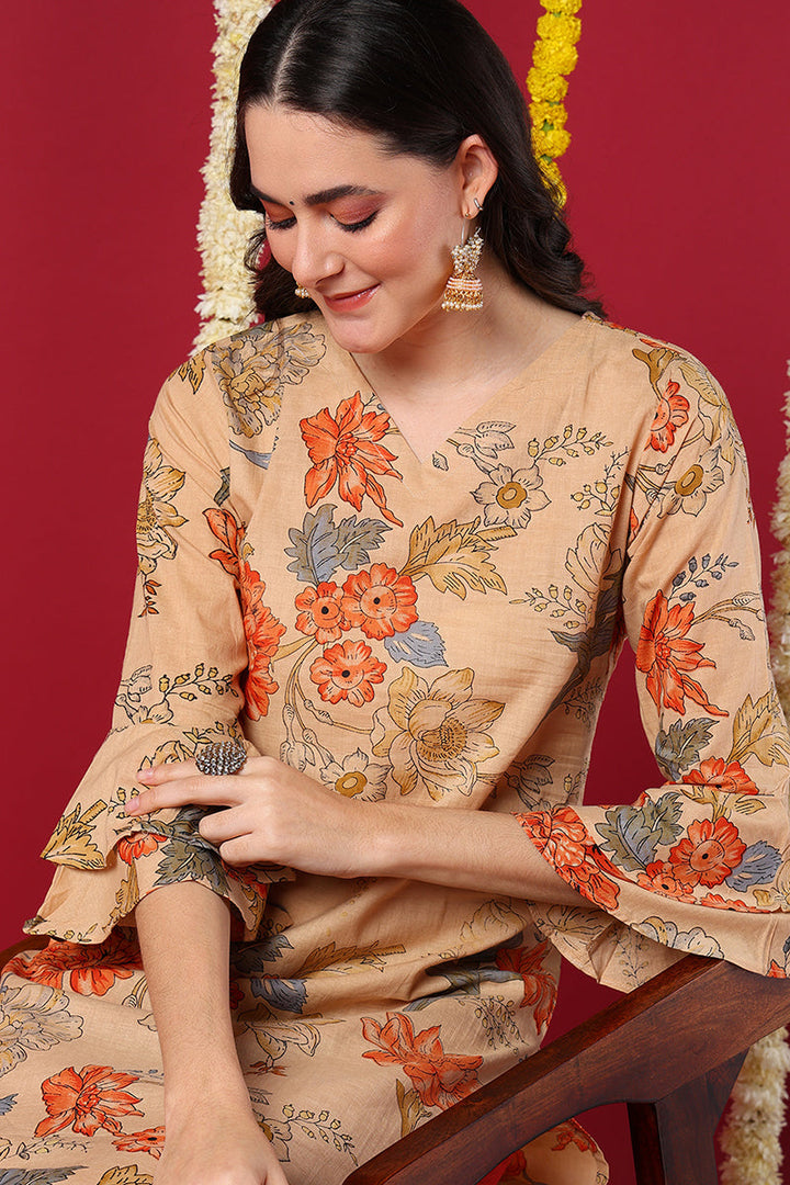Chikoo Brown Occasion Wear Cotton Fabric Printed Stylish Kurti | SHOBITAM