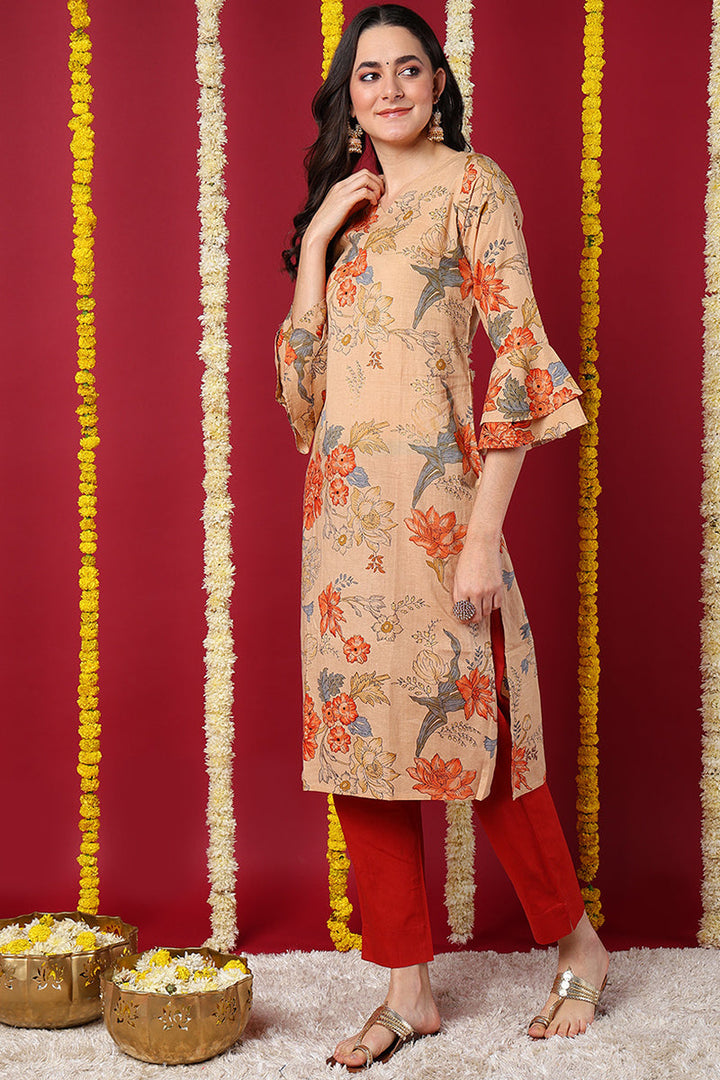 Chikoo Brown Occasion Wear Cotton Fabric Printed Stylish Kurti | SHOBITAM