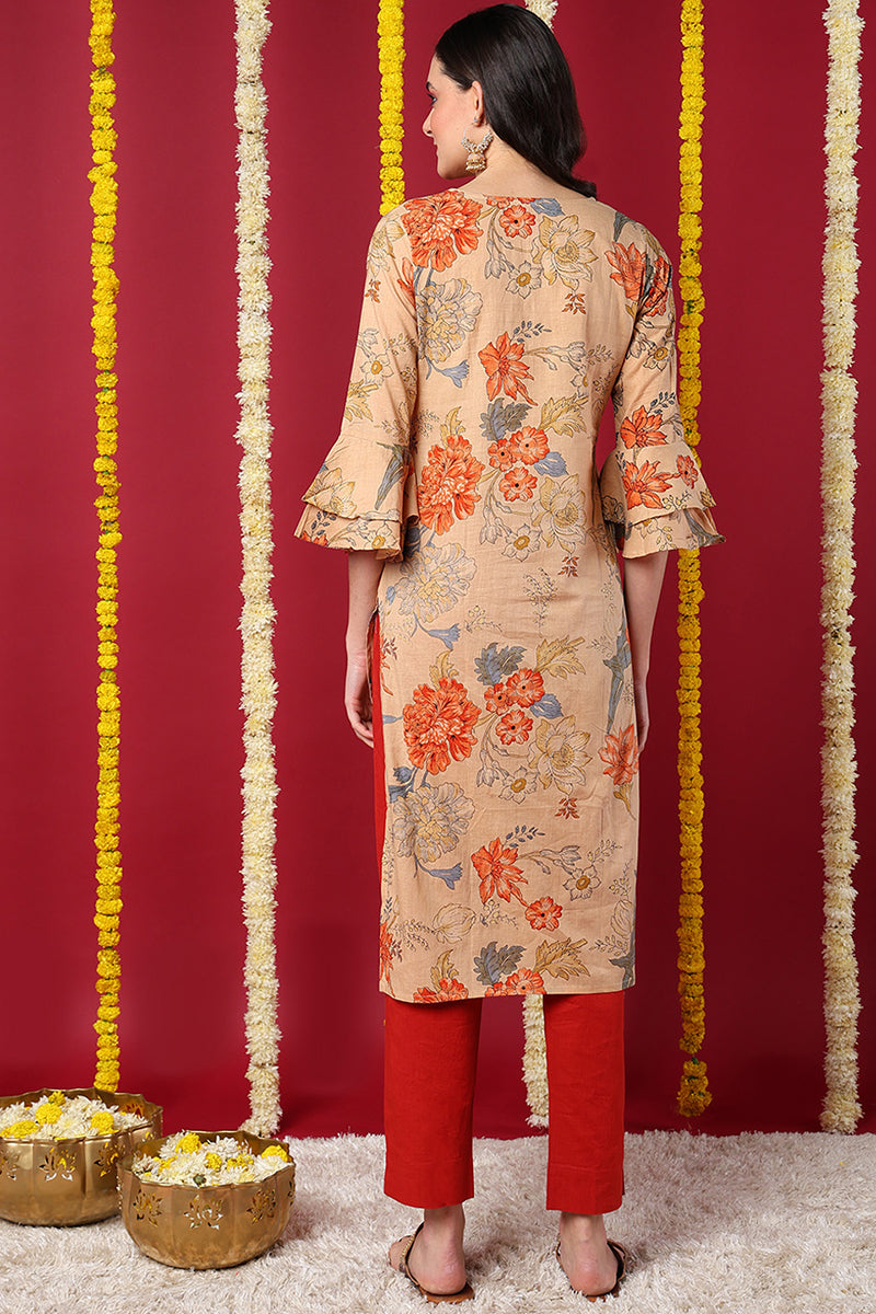 Chikoo Brown Occasion Wear Cotton Fabric Printed Stylish Kurti | SHOBITAM