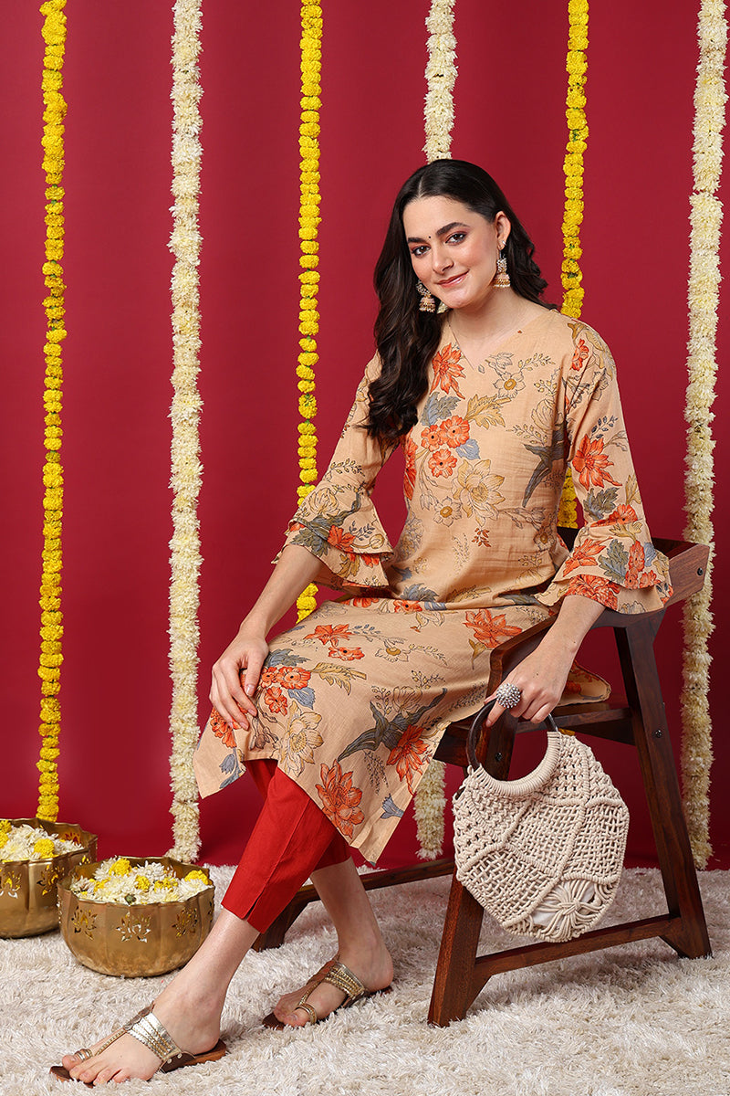 Chikoo Brown Occasion Wear Cotton Fabric Printed Stylish Kurti | SHOBITAM