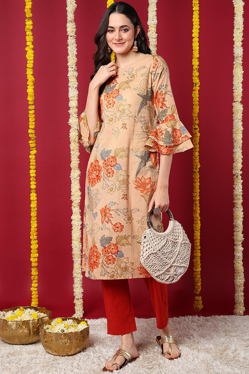 Chikoo Brown Occasion Wear Cotton Fabric Printed Stylish Kurti | SHOBITAM