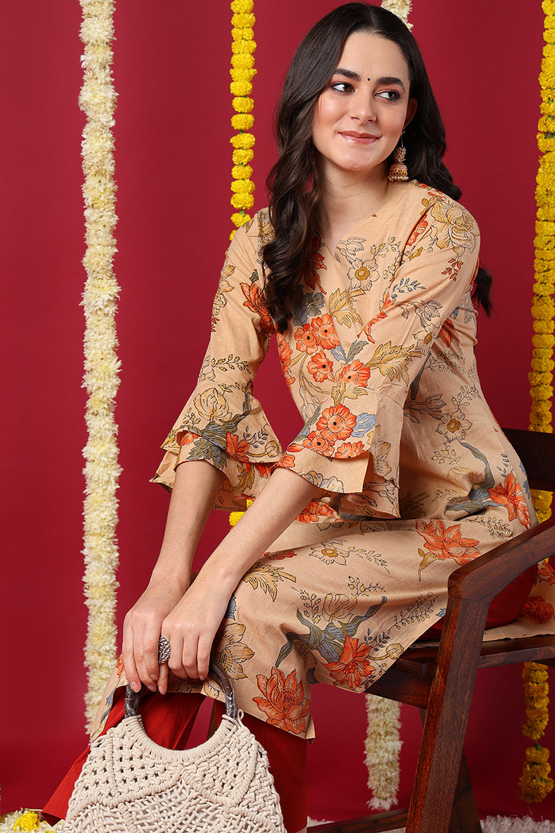Chikoo Brown Occasion Wear Cotton Fabric Printed Stylish Kurti | SHOBITAM