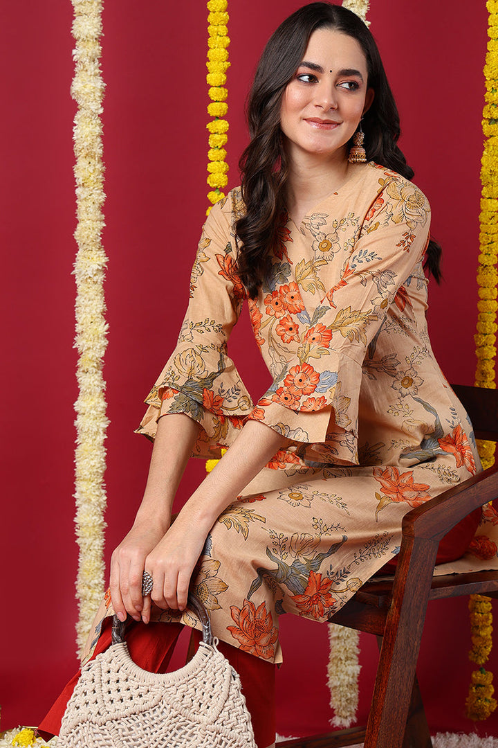 Chikoo Brown Occasion Wear Cotton Fabric Printed Stylish Kurti | SHOBITAM