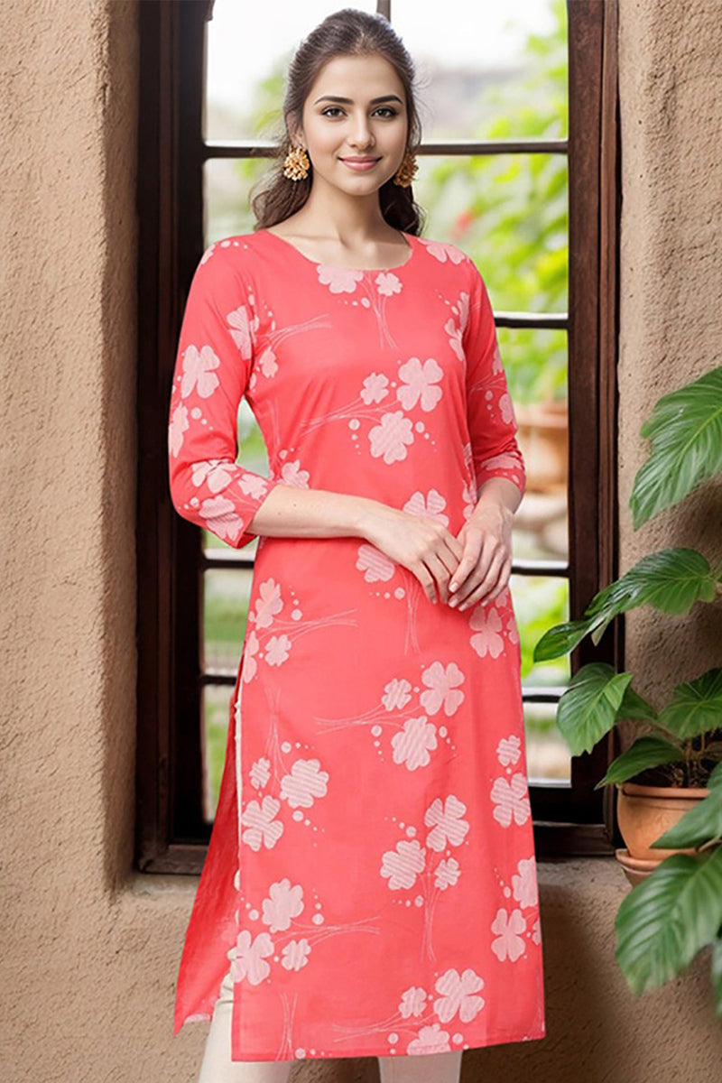 Printed Pink Cotton Fabric Kurti | SHOBITAM