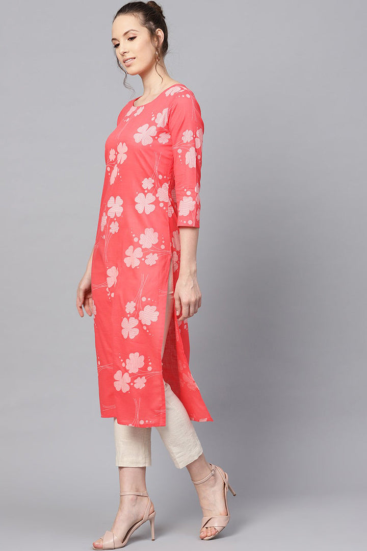 Printed Pink Cotton Fabric Kurti | SHOBITAM