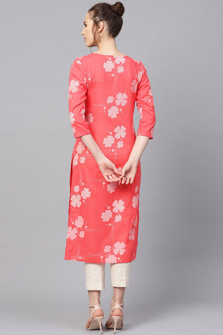 Printed Pink Cotton Fabric Kurti | SHOBITAM